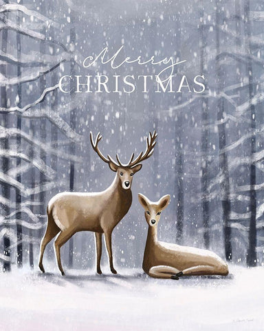 Merry Christmas Deer White Modern Wood Framed Art Print with Double Matting by Tyndall, Elizabeth