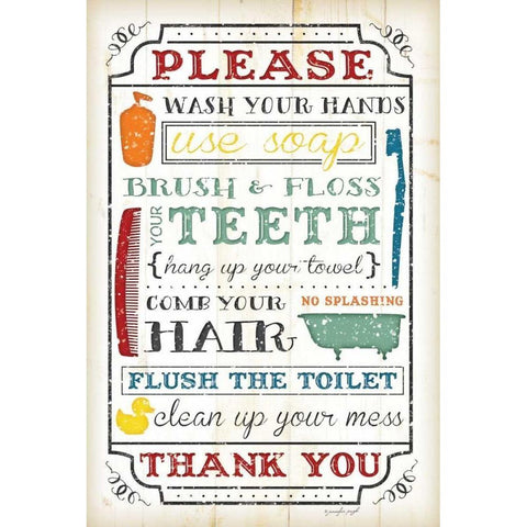 Bathroom Rules White Modern Wood Framed Art Print by Pugh, Jennifer
