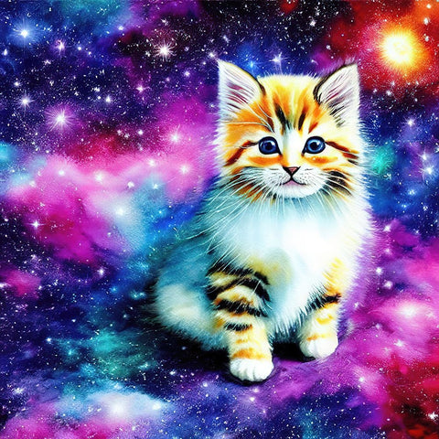 Galaxy Kitten White Modern Wood Framed Art Print with Double Matting by Dundon, Denise