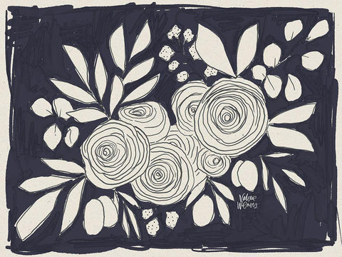 Navy Floral White Modern Wood Framed Art Print with Double Matting by Wieners, Valerie