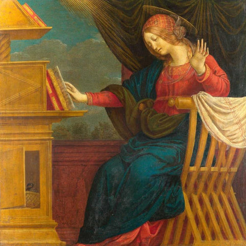 The Annunciation, The Virgin Mary White Modern Wood Framed Art Print by Ferrari, Gaudenzio