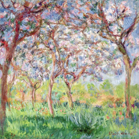 Printemps a Giverny White Modern Wood Framed Art Print with Double Matting by Monet, Claude