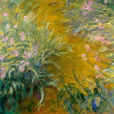 The Path through the Irises White Modern Wood Framed Art Print with Double Matting by Monet, Claude