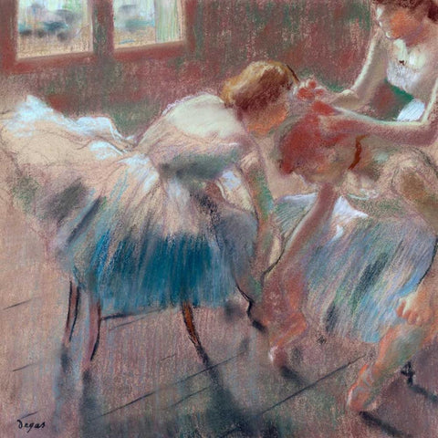 Three Dancers preparing for Class White Modern Wood Framed Art Print with Double Matting by Degas, Edgar