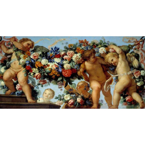 Amours et guirlandes de fleurs I White Modern Wood Framed Art Print by Maratta, Carlo
