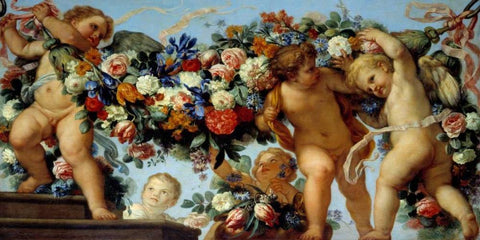 Amours et guirlandes de fleurs I White Modern Wood Framed Art Print with Double Matting by Maratta, Carlo