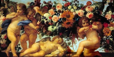 Amours et guirlandes de fleurs II Black Ornate Wood Framed Art Print with Double Matting by Maratta, Carlo