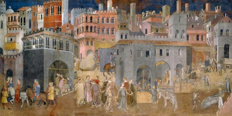 Effetti del Buon Governo in citta White Modern Wood Framed Art Print with Double Matting by Lorenzetti, Ambrogio