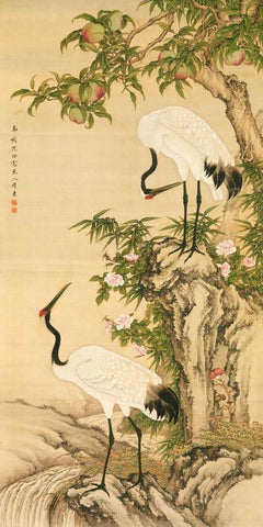 Cranes, Peach Tree, and Chinese Roses  Black Ornate Wood Framed Art Print with Double Matting by Anonymous