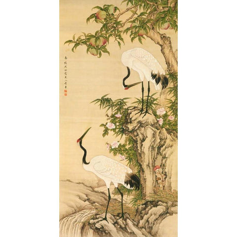 Cranes, Peach Tree, and Chinese Roses  White Modern Wood Framed Art Print by Anonymous