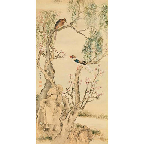 Birds on flowered branches White Modern Wood Framed Art Print by Anonymous