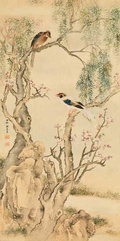 Birds on flowered branches White Modern Wood Framed Art Print with Double Matting by Anonymous