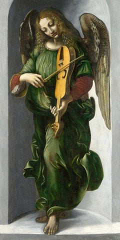An Angel in Green with a Vielle Black Ornate Wood Framed Art Print with Double Matting by After Leonardo da Vinci