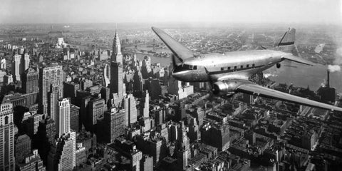 DC-4 over Manhattan, NYC Black Ornate Wood Framed Art Print with Double Matting by Anonymous