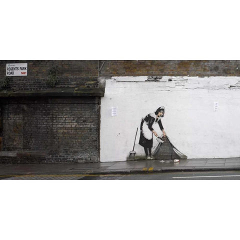 Regents Park Rd Camden London-graffiti attributed to Banksy Black Modern Wood Framed Art Print by Anonymous