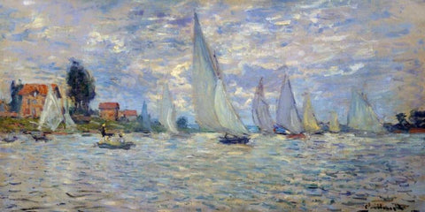 Les barques regates a Argenteuil White Modern Wood Framed Art Print with Double Matting by Monet, Claude
