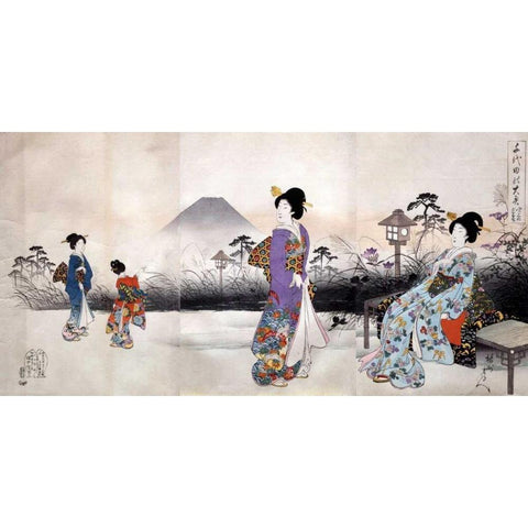 Japonaises en promenade devant le mont Fuji White Modern Wood Framed Art Print by Toyohara