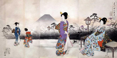 Japonaises en promenade devant le mont Fuji White Modern Wood Framed Art Print with Double Matting by Toyohara
