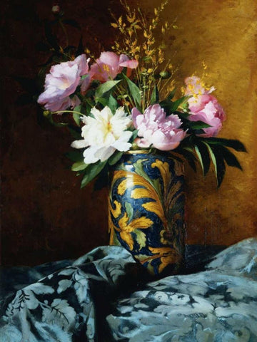 Peonies in a Vase (detail) Black Ornate Wood Framed Art Print with Double Matting by Grossi, Carlo