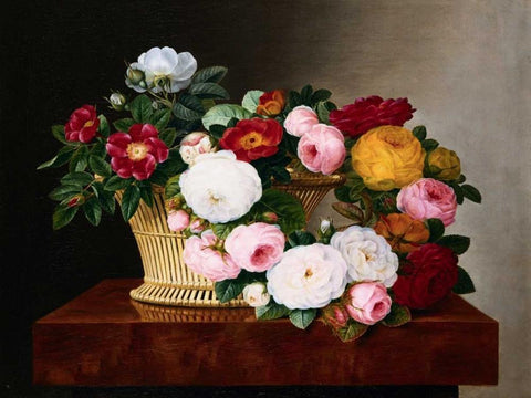 Still Life of Roses Black Ornate Wood Framed Art Print with Double Matting by Jensen, Johan Laurentz