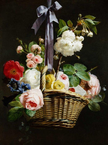 A Romantic Basket of Flowers Black Ornate Wood Framed Art Print with Double Matting by Berjon, Antoine
