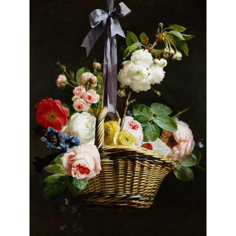 A Romantic Basket of Flowers White Modern Wood Framed Art Print by Berjon, Antoine