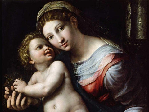 Madonna e Bambino (detail) White Modern Wood Framed Art Print with Double Matting by Giulio Romano