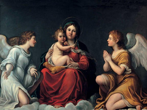 Madonna con Bambino ed angeli Black Ornate Wood Framed Art Print with Double Matting by Albani, Francesco