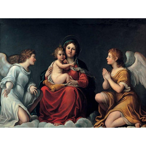 Madonna con Bambino ed angeli White Modern Wood Framed Art Print by Albani, Francesco