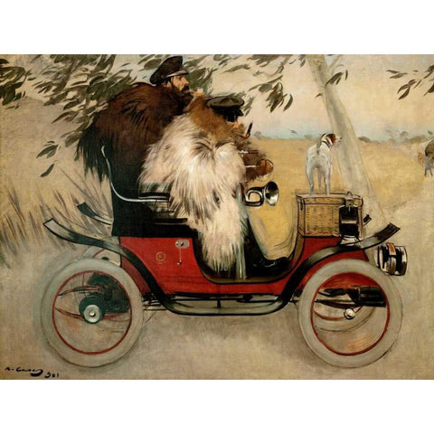 Ramon Casas and Pere Romeu in an Automobile White Modern Wood Framed Art Print by Casas, Ramon