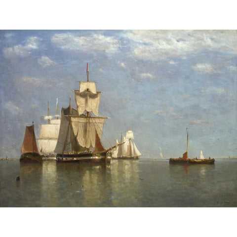 Ships lying off flushing White Modern Wood Framed Art Print by Clays, Paul Jean
