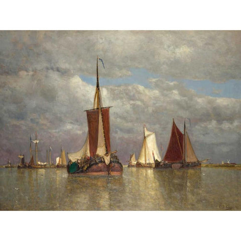 Ships lying near Dordrecht White Modern Wood Framed Art Print by Clays, Paul Jean