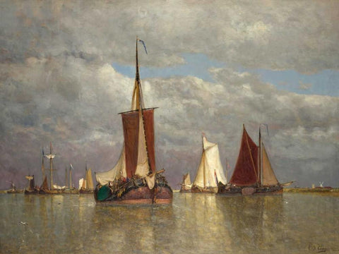 Ships lying near Dordrecht Black Ornate Wood Framed Art Print with Double Matting by Clays, Paul Jean