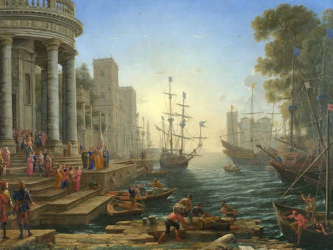 Seaport with the embarkation of Saint Ursula White Modern Wood Framed Art Print with Double Matting by Gellee, Claude