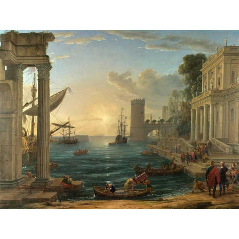 Seaport with the embarkation of the Queen of Sheba White Modern Wood Framed Art Print by Gellee, Claude