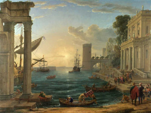 Seaport with the embarkation of the Queen of Sheba White Modern Wood Framed Art Print with Double Matting by Gellee, Claude