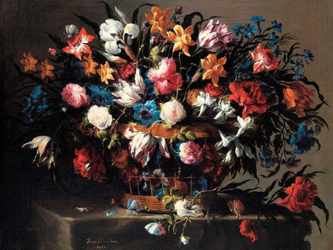 Small basket of Flowers Black Ornate Wood Framed Art Print with Double Matting by de Arellano, Juan
