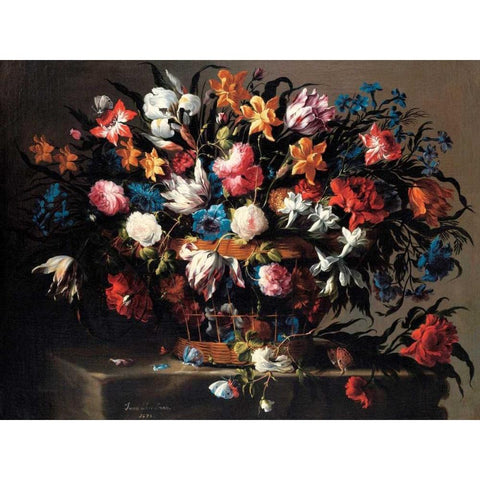 Small basket of Flowers White Modern Wood Framed Art Print by de Arellano, Juan