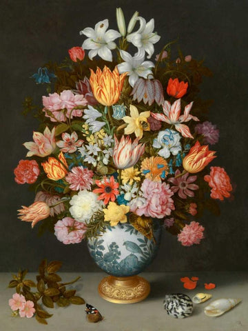 A still life of flowers in a Wan-Li Vase Black Ornate Wood Framed Art Print with Double Matting by Bosschaert the Elder, Ambrosius
