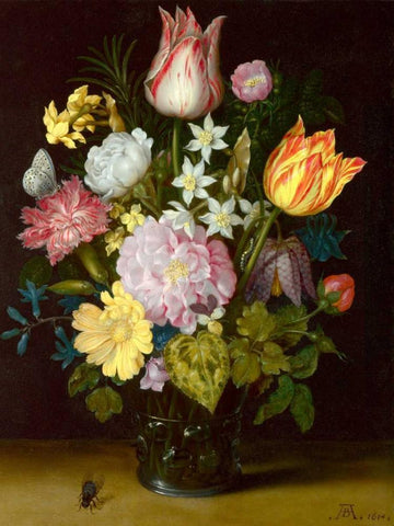 Flowers in a glass vase White Modern Wood Framed Art Print with Double Matting by Bosschaert the Elder, Ambrosius
