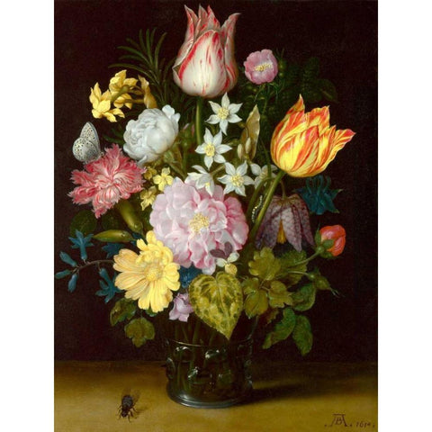 Flowers in a glass vase White Modern Wood Framed Art Print by Bosschaert the Elder, Ambrosius