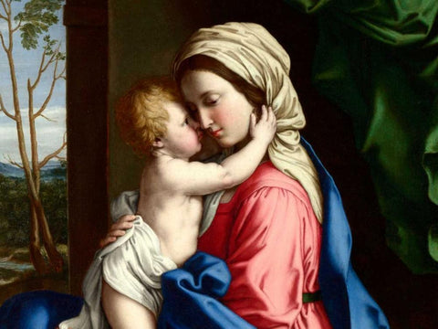 The Virgin and Child embracing (detail) Black Ornate Wood Framed Art Print with Double Matting by Sassoferrato