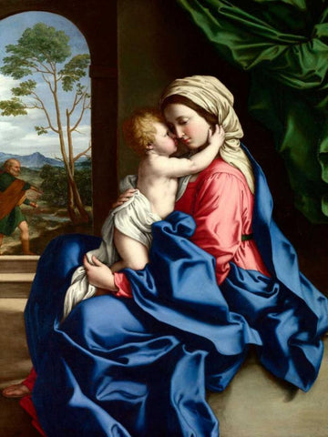 The Virgin and Child embracing Black Ornate Wood Framed Art Print with Double Matting by Sassoferrato