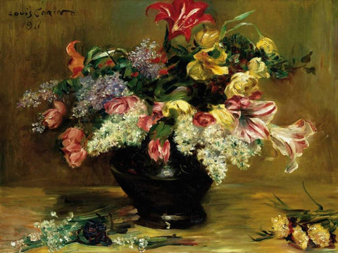 Amaryllis, Lilac and Tulips White Modern Wood Framed Art Print with Double Matting by Berneker, Louis F.