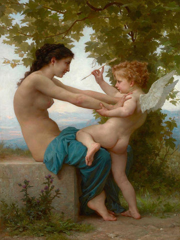 A Young Girl Defending Herself against Eros White Modern Wood Framed Art Print with Double Matting by Bouguereau, William-Adolphe