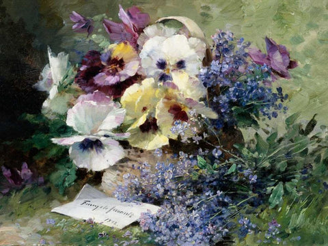 Pansies and Forget Me Not White Modern Wood Framed Art Print with Double Matting by Furcy de Lavault, Albert-Tibulle