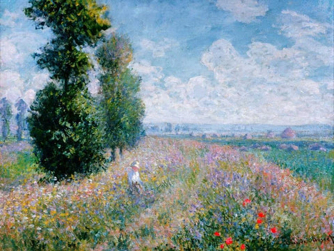 Meadow with Poplars White Modern Wood Framed Art Print with Double Matting by Monet, Claude