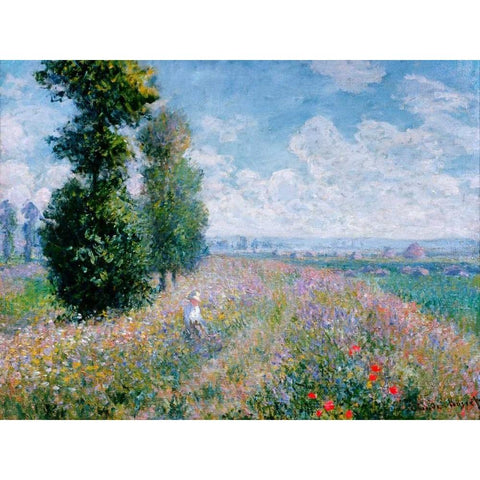 Meadow with Poplars Gold Ornate Wood Framed Art Print with Double Matting by Monet, Claude