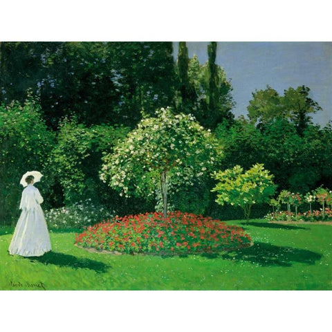 Young Woman in a Garden White Modern Wood Framed Art Print by Monet, Claude