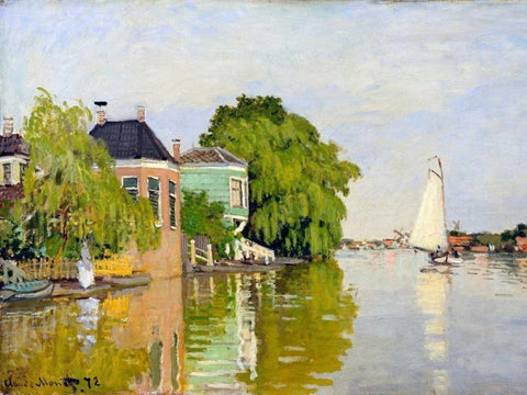 Houses on the Achterzaan White Modern Wood Framed Art Print with Double Matting by Monet, Claude